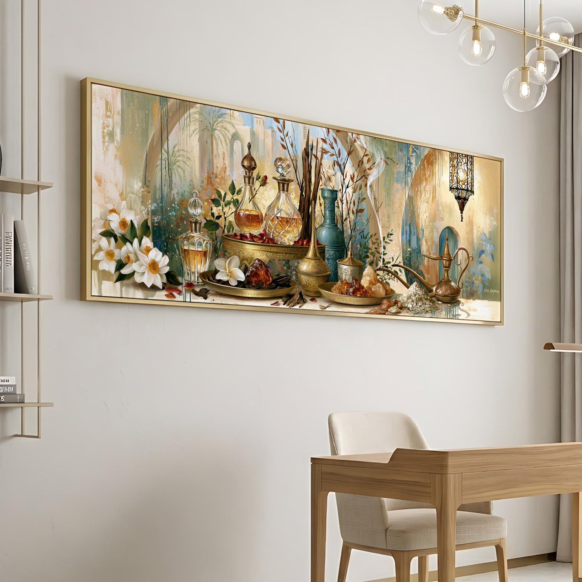 a large, ornate painting of a table with various objects, including vases, bottles, and flowers, hanging on a wall.