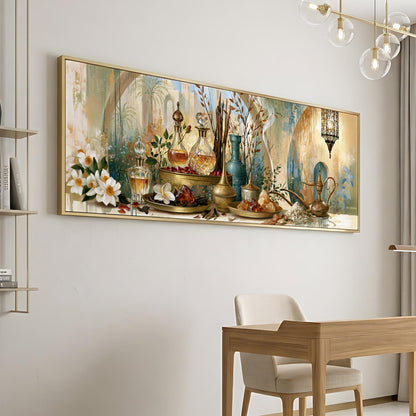 a large, ornate painting of a table with various objects, including vases, bottles, and flowers, hanging on a wall.