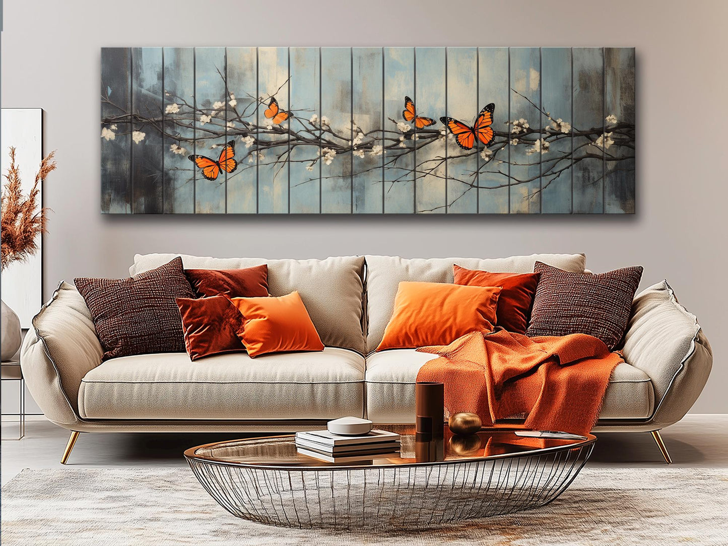 Butterflies on Blossoming Branch Print on Natural Wood – Rustic Nature Wall Art