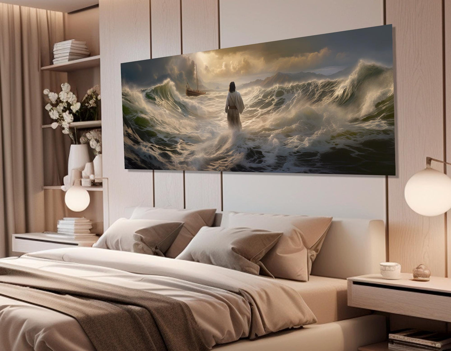 Jesus Walking On Water Religious Wall Art - Gallery Wrapped Canvas Print, Ready To Hang