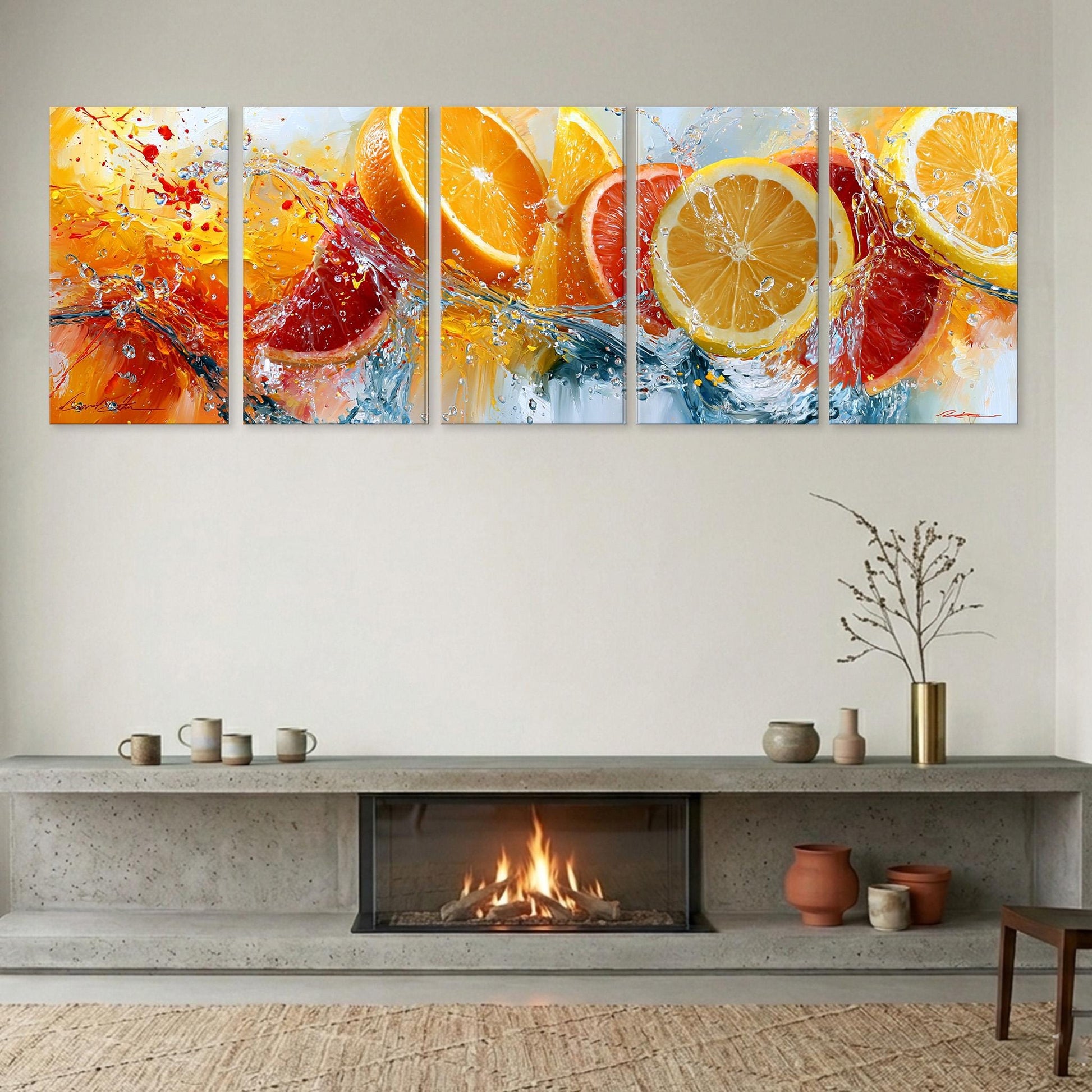 a cozy living room with a fireplace, a shelf with decorative items, and a large wall art display featuring vibrant images of oranges and lemons.