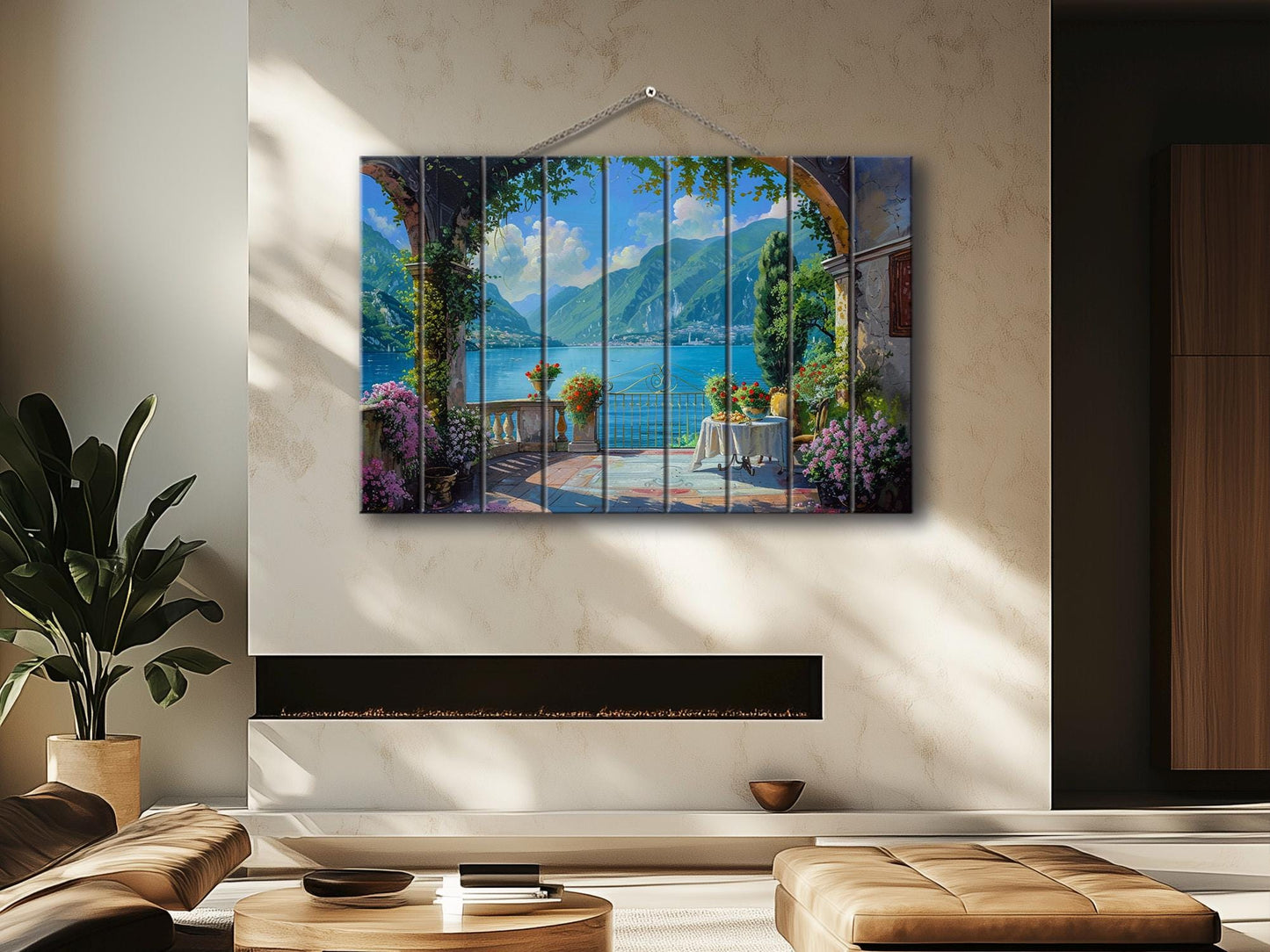 Scenic Como Lake Landscape Printed on Natural Wood, Italy Wall Art, Rustic Lake Como Painting, Rustic Italian Wall Decor, Wood Wall Art