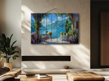 Scenic Como Lake Landscape Printed on Natural Wood, Italy Wall Art, Rustic Lake Como Painting, Rustic Italian Wall Decor, Wood Wall Art