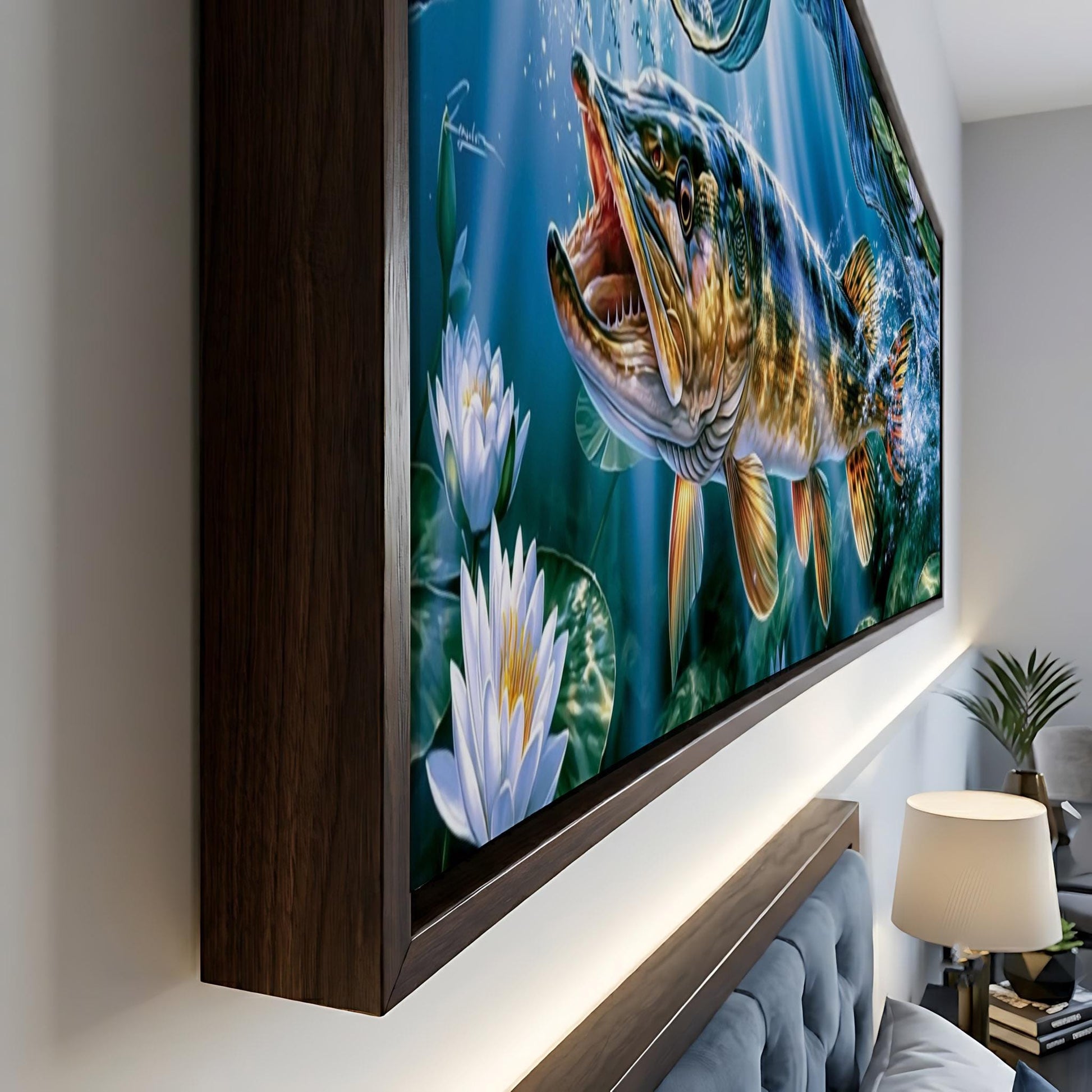 a large framed painting of a fish swimming in a blue underwater scene, with a large flower in the foreground.