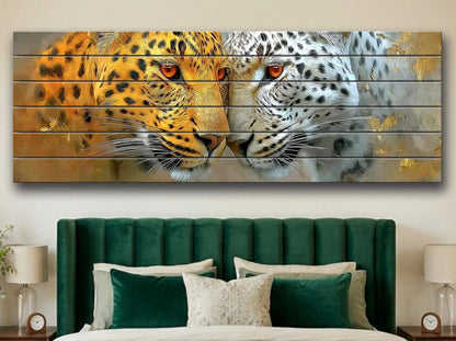 Leopard Couple Print on Natural Wood, Majestic Wildlife Romantic Wall Art