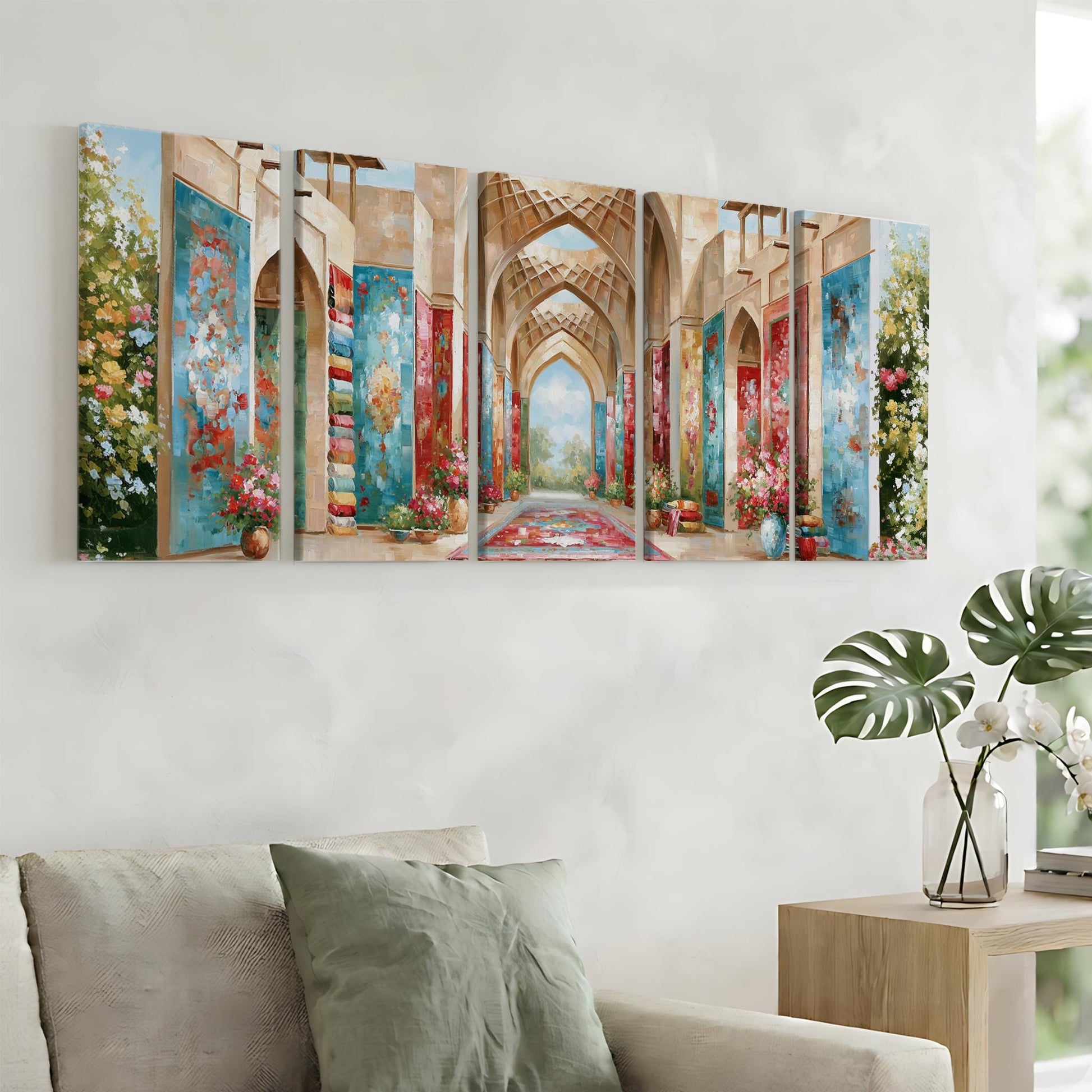 a large, colorful painting of an ornate hallway with arches and columns, hanging on a wall above a couch in a living room setting.