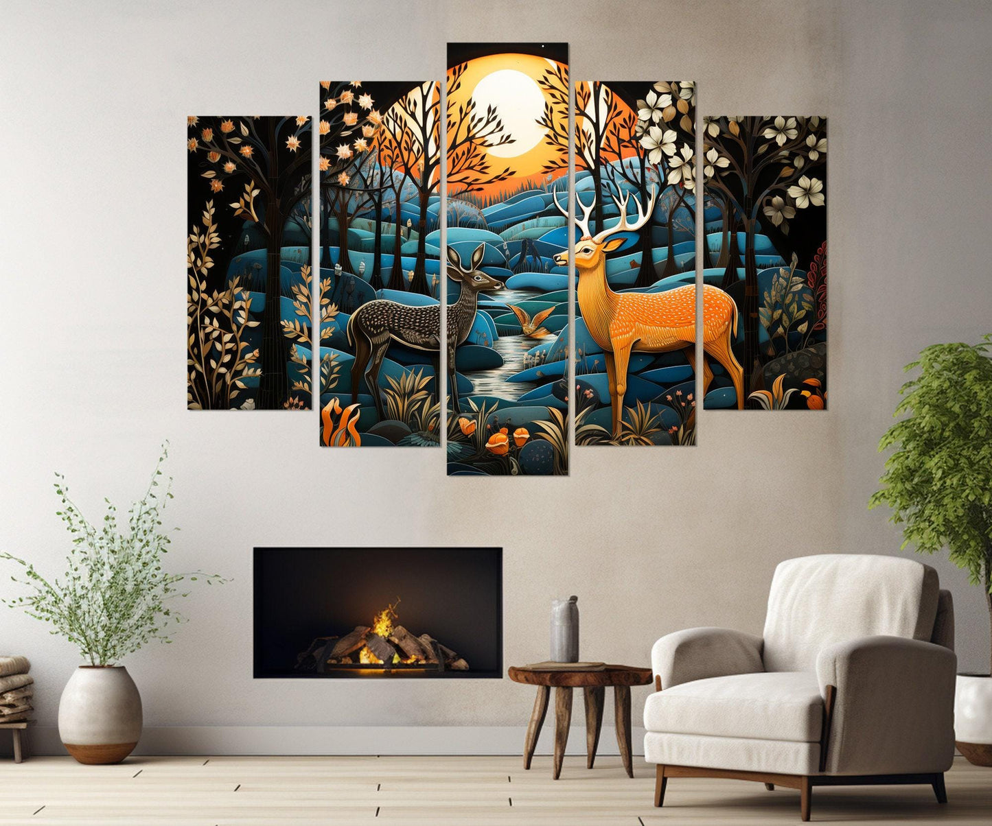 Fantasy Deer Canvas Print – Madhubani Style Framed Wall Art, Ready to Hang