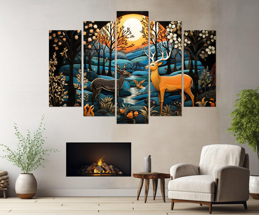 Fantasy Deer Canvas Print – Madhubani Style Framed Wall Art, Ready to Hang