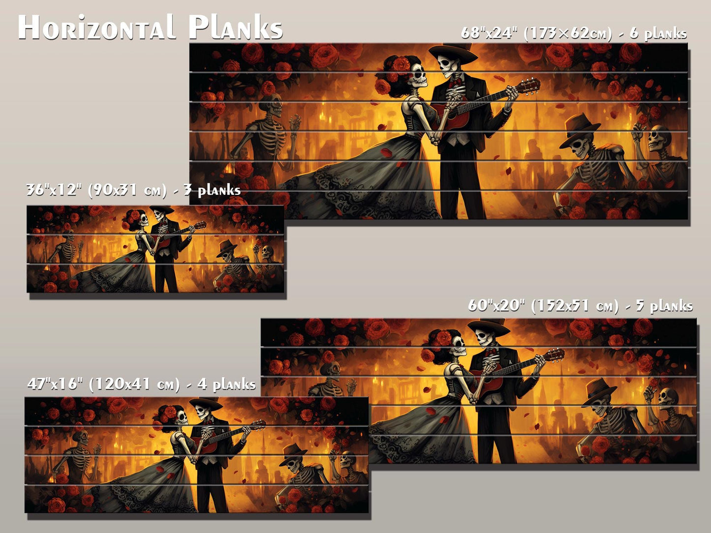 Day of the Dead Dancing Print On Natural Wood -Mexican Wall Art