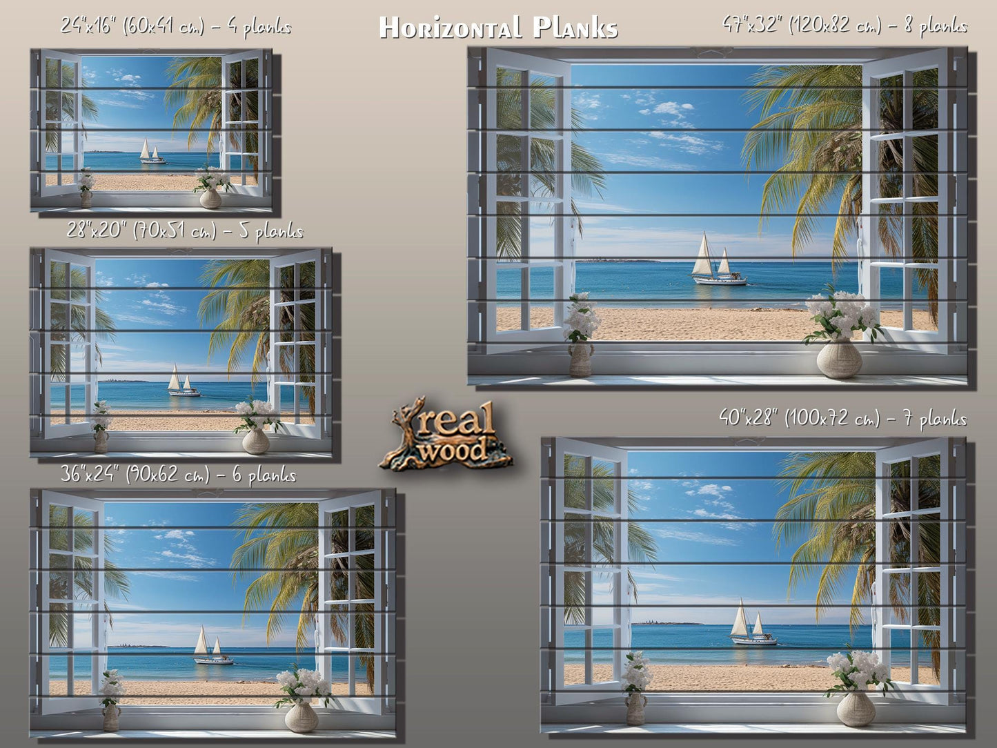Wood Wall Art – Open Window Sea View Painting on Natural Wood Planks | Nautical Decor