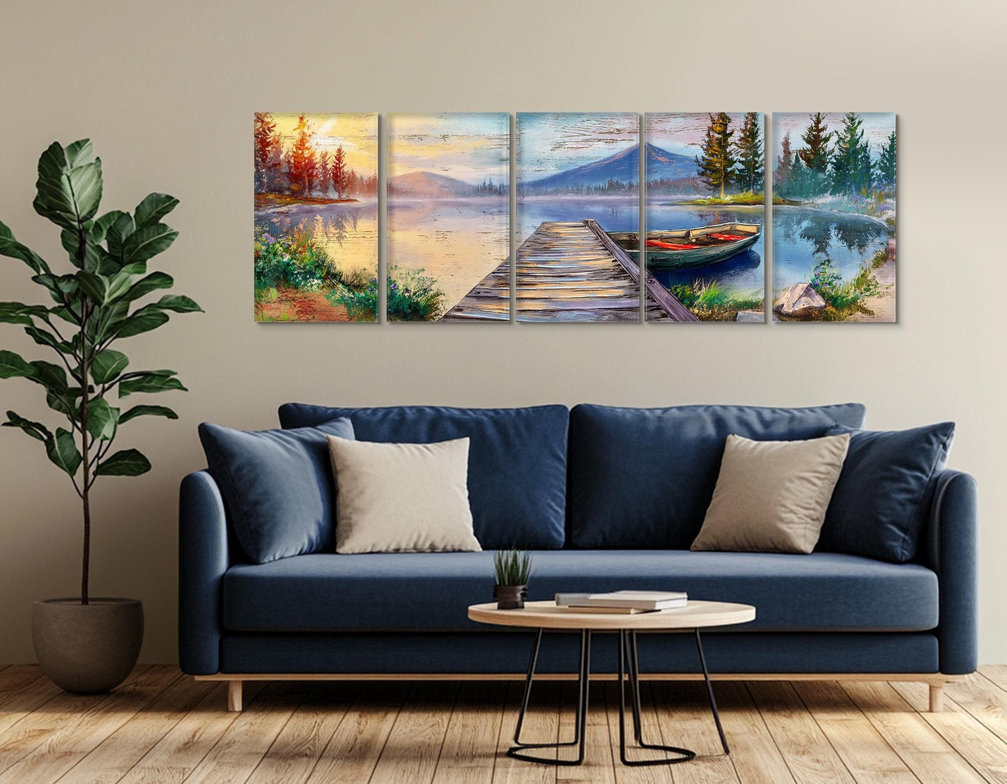 Lake Pier Canvas Print, Mountain Lake and Fishing Boat Painting, Framed & Ready to Hang