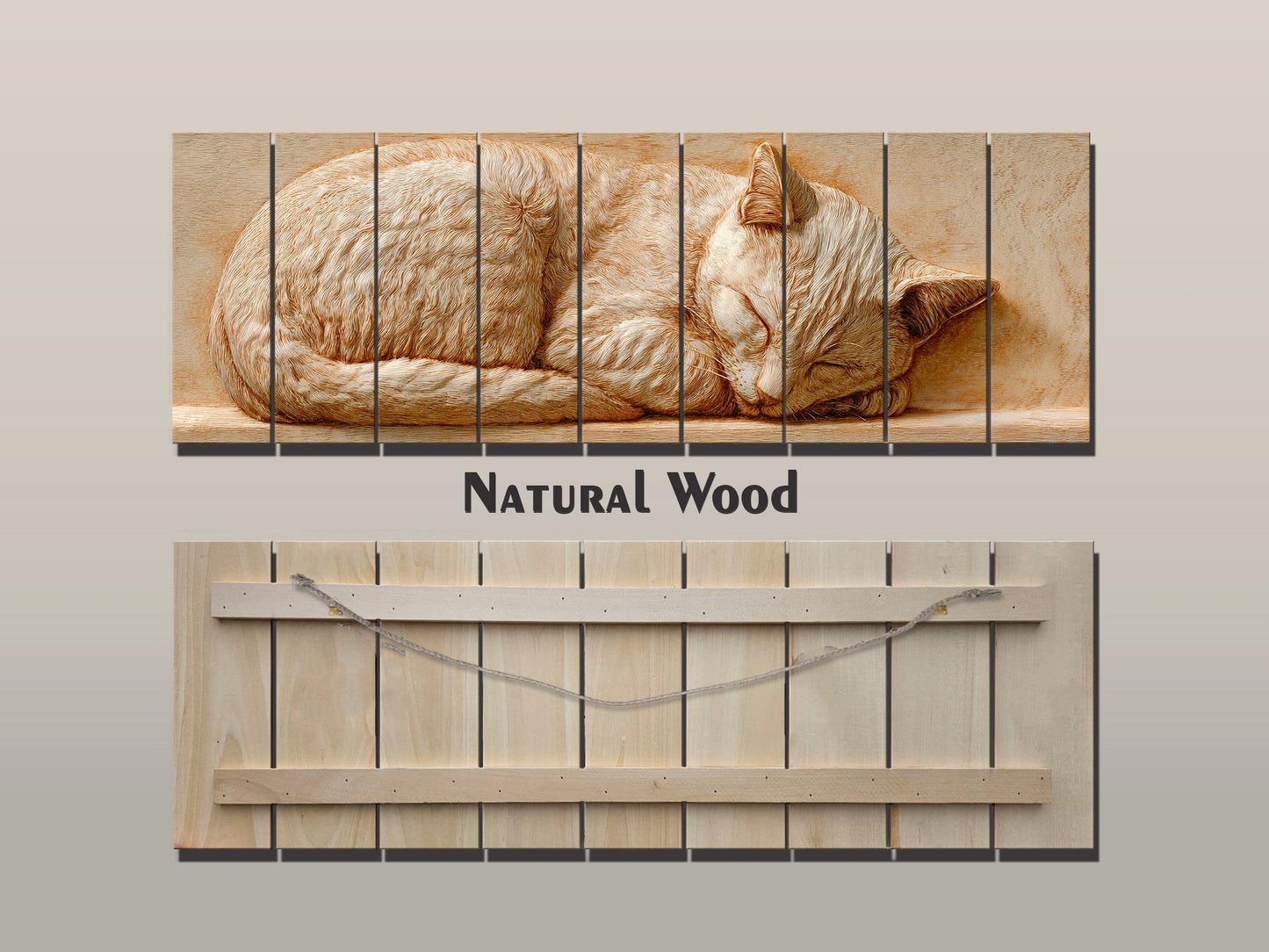 Sleeping Cat Wood Art – Rustic Wood Decor | Beige Wall Art | Cozy Home Print