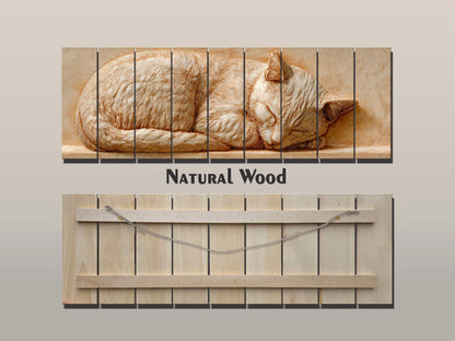 Sleeping Cat Wood Art – Rustic Wood Decor | Beige Wall Art | Cozy Home Print