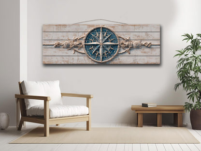 Compass Rose Wood Print – Nautical Wall Art | Rustic Coastal Decor with Anchor & Rope