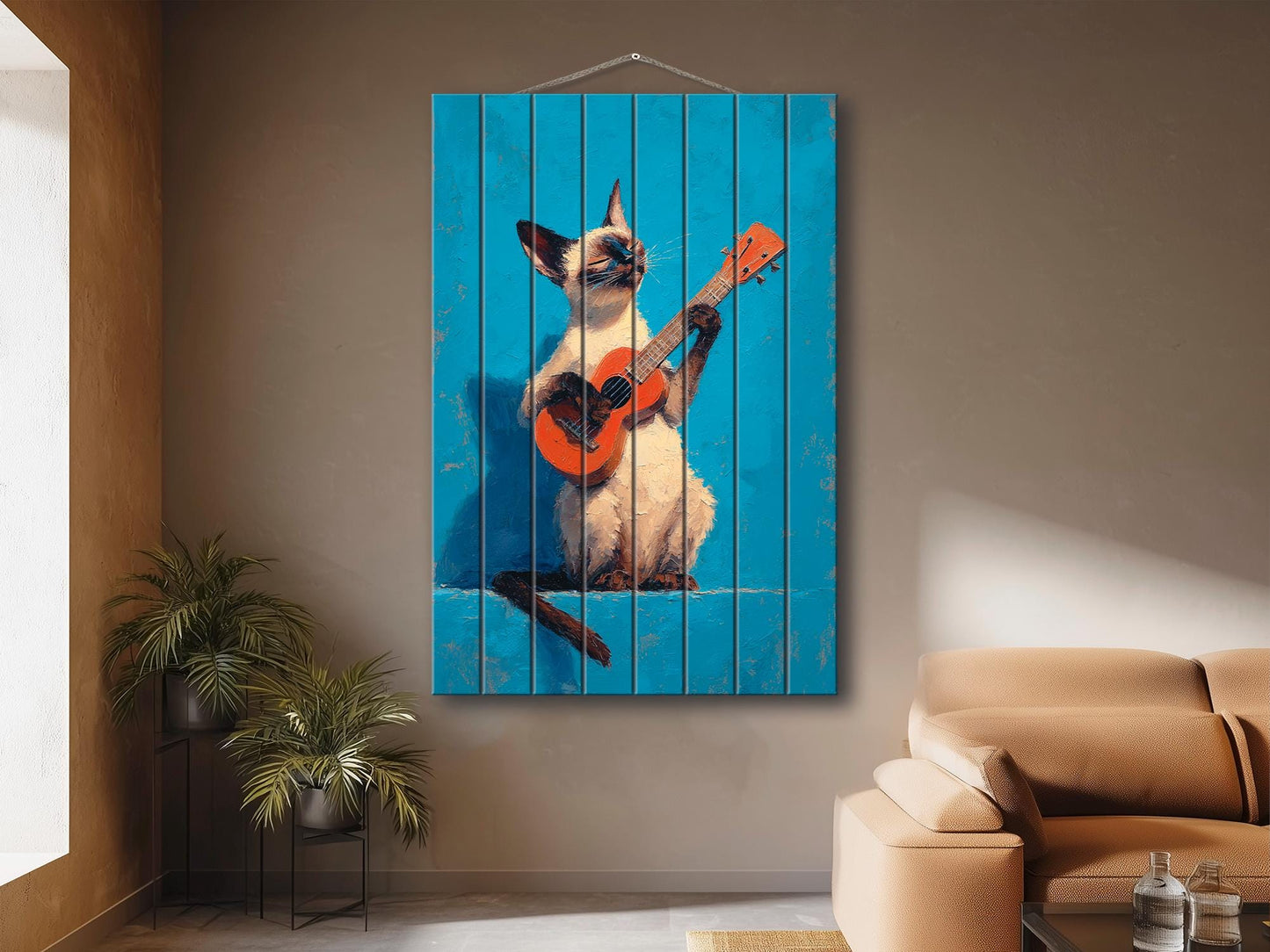Siamese Cat Wall Art – Wood Wall Art Print of Guitar Playing Cat on Natural Wood