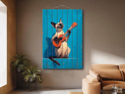 Siamese Cat Wall Art – Wood Wall Art Print of Guitar Playing Cat on Natural Wood