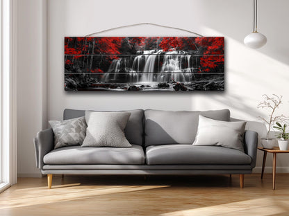 Wood Wall Art – Abstract Black White Waterfall Red Forest Print on Natural Wood