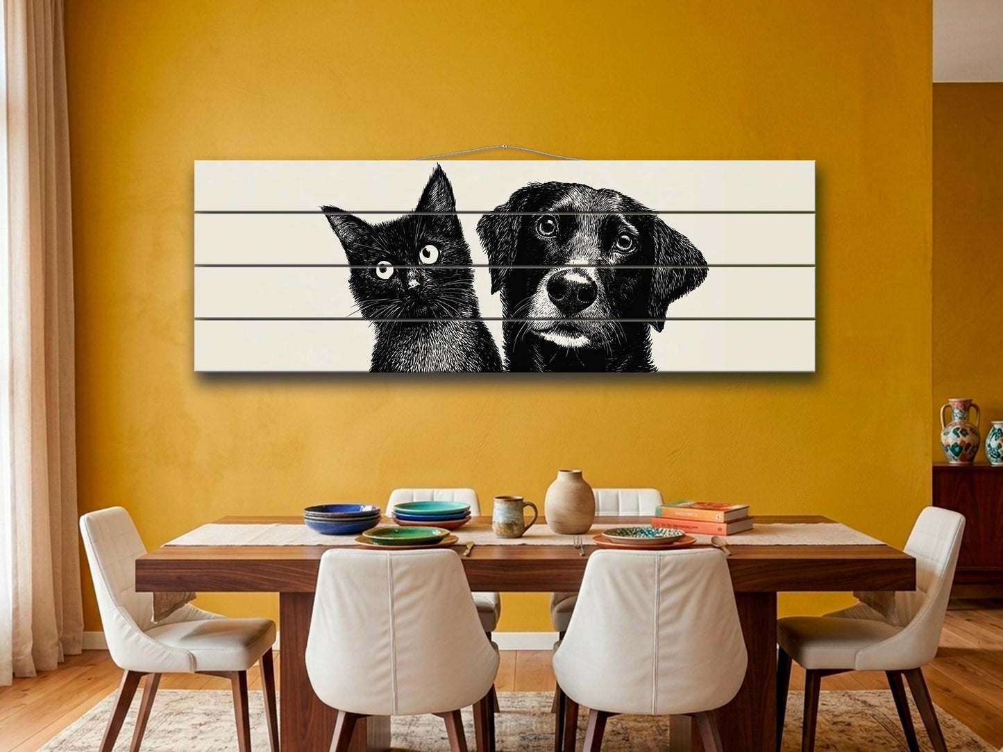 Cat and Dog Print on Wood, Black and White Pet Wall Art, Rustic Bedroom Print