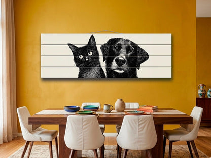 Cat and Dog Print on Wood, Black and White Pet Wall Art, Rustic Bedroom Print