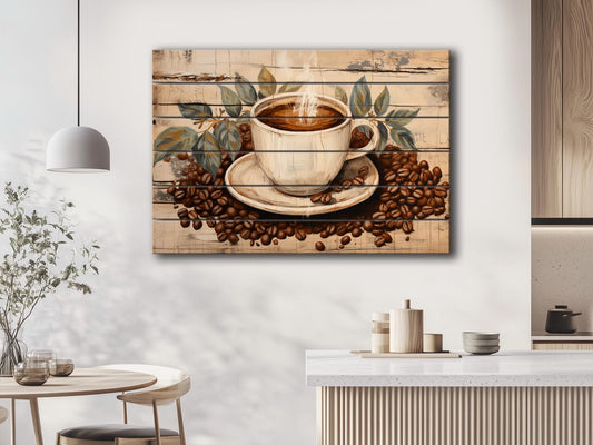 Vintage Coffee Wall Art – Rustic Kitchen Decor | Coffee Cup Painting on Wood