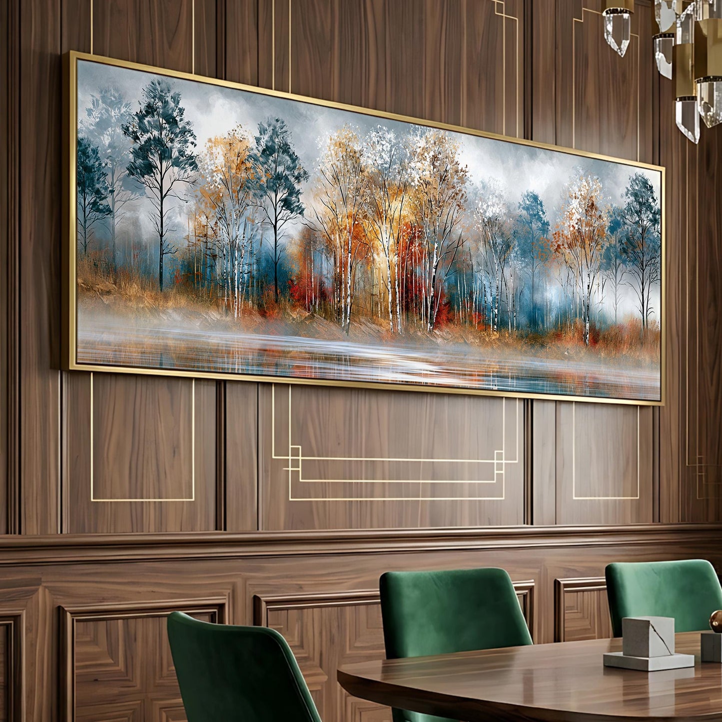 a large, long painting of a forest scene hanging on a wooden wall. The painting depicts a serene landscape with trees in various shades of green, orange, and brown, set against a calm body of water. The painting is framed in gold and is the focal point of the room, which has a wooden paneled wall and green upholstered chairs.