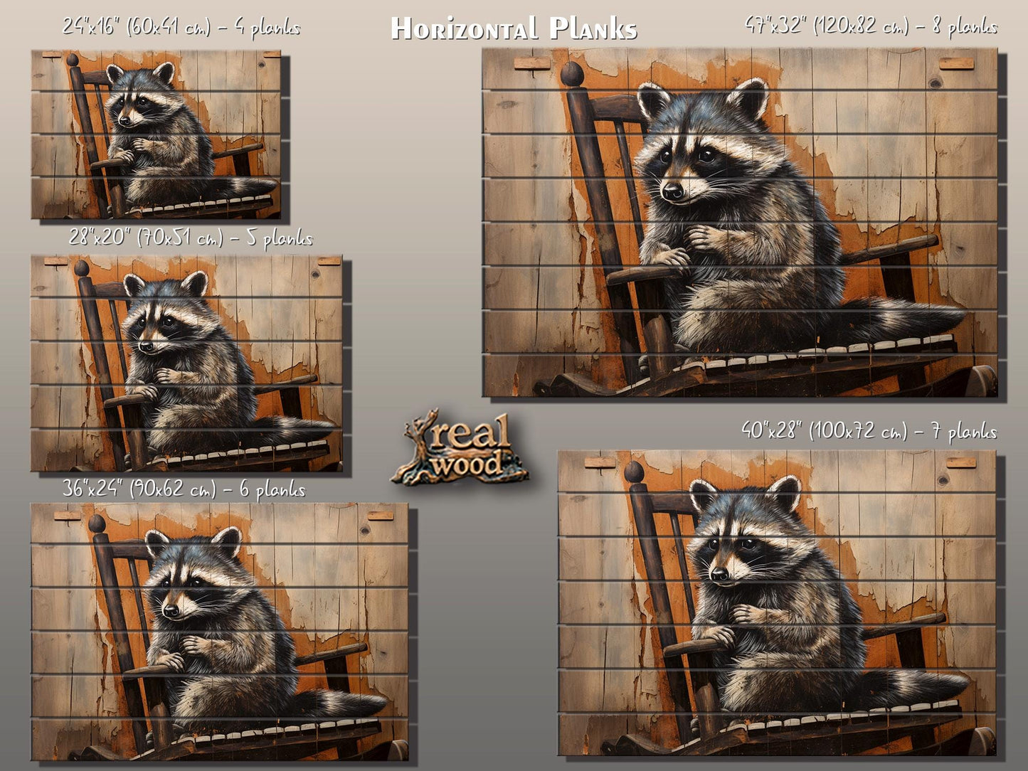 Raccoon Wall Art – Vintage Animal Artwork Printed on Distressed Wood Planks
