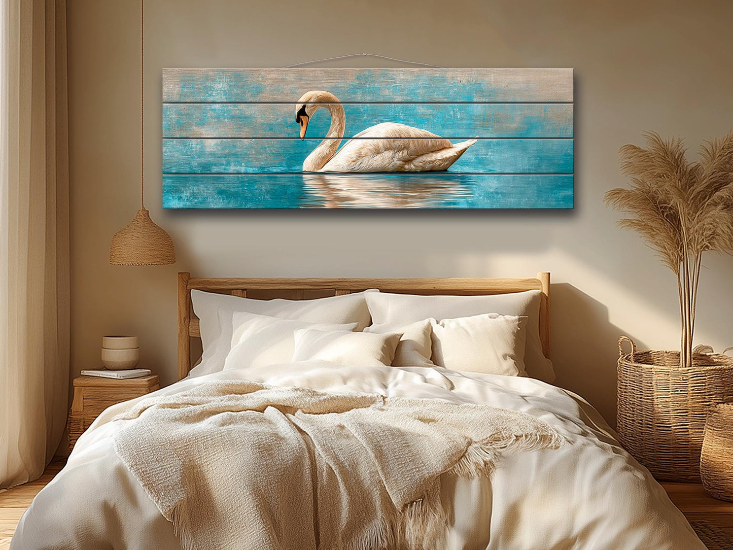 Swan Print Wood - Elegant Wildlife Wall Art | Rustic Farmhouse Beige Blue Painting