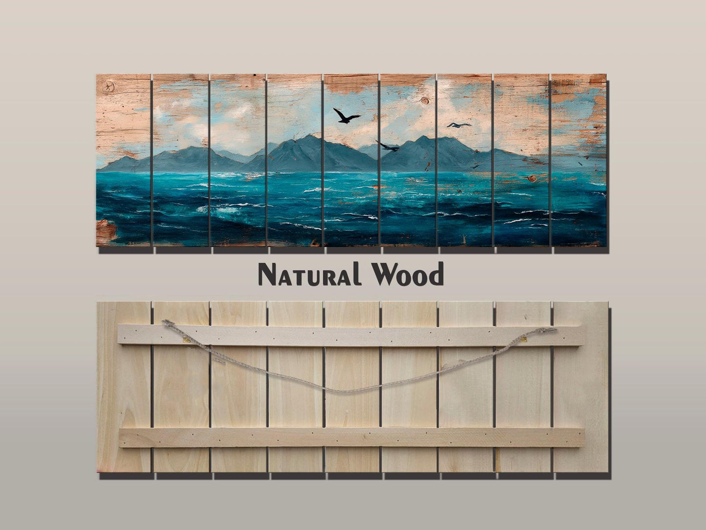 Scenic Wood Wall Art - Ocean with Mountains and Seagulls Painting Printed on Natural Wood, Nautical Wall Art, Rustic Sea Painting Print