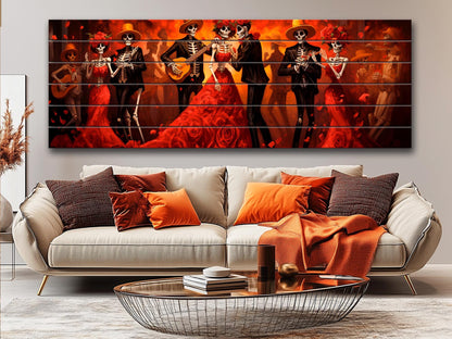 Day of Dead Wall Art – Skeleton Dance Painting on Wood | Mexican Wall Decor