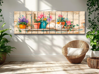 Wood Wall Art – Cozy Sleeping Cat Painting on Natural Wood Plank | Rustic Floral Decor