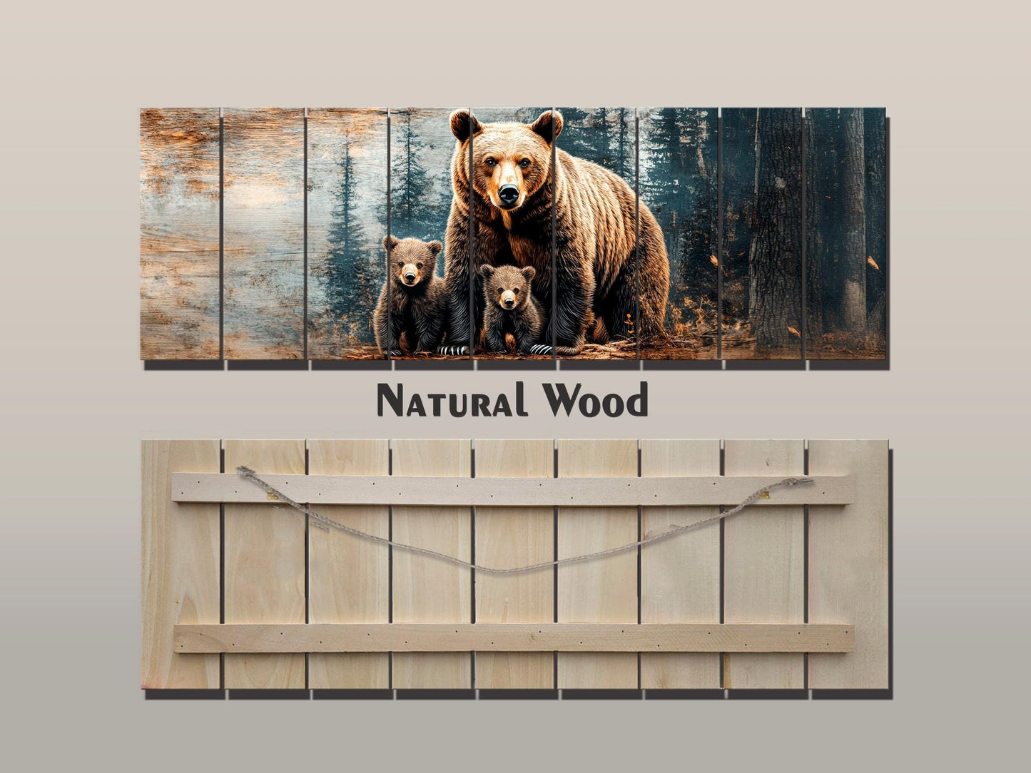 Grizzly Bear Wall Art - Rustic Wood Print with Bear Family Painting on Natural Wood Planks