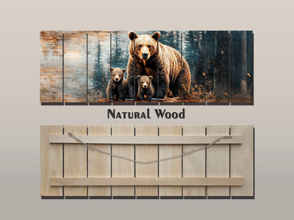 Grizzly Bear Wall Art - Rustic Wood Print with Bear Family Painting on Natural Wood Planks