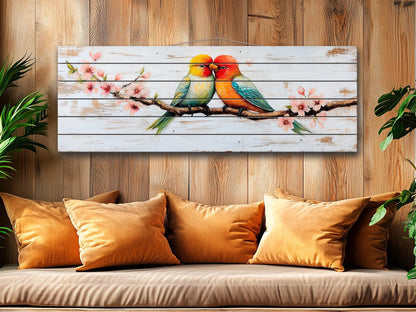 Lovebirds Wood Wall Art – Romantic Cherry Tree Artwork | Rustic Bedroom Decor