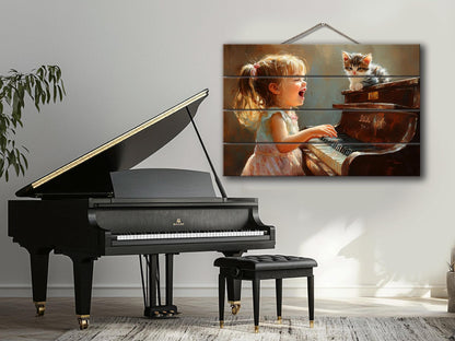 Wooden Piano Wall Art – Happy Girl Playing Piano Print on Natural Wood Plank