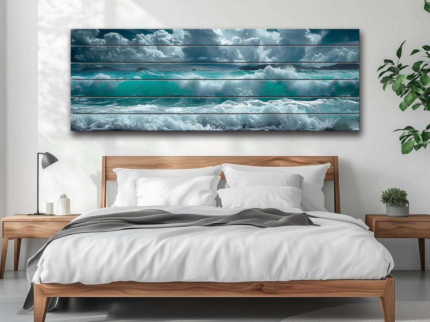 Ocean Wall Decor - Soft Blue Ocean Waves Printed On Natural Wood Art Planks