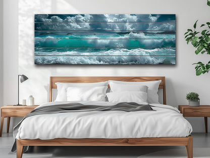 Ocean Wall Decor - Soft Blue Ocean Waves Printed On Natural Wood Art Planks