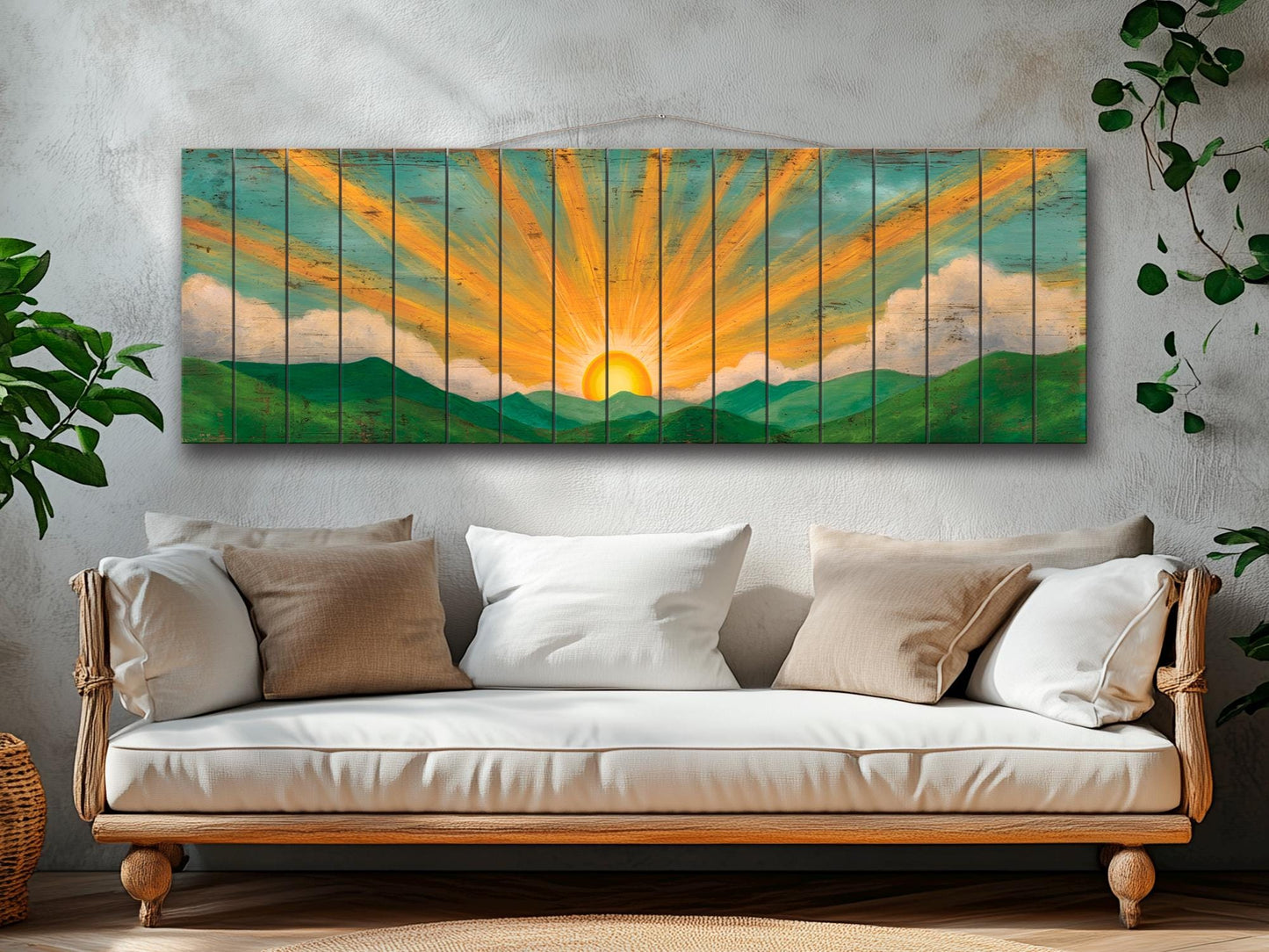 Boho Rustic Wood Print – Rolling Hills Wall Art | Warm Tones Rustic Wall Decor