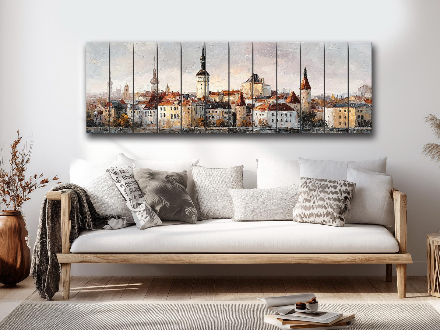 Tallinn Wood Print – Rustic Wall Art With Beige Morning Skyline on Distressed Wood