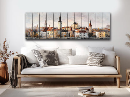 Tallinn Wood Print – Rustic Wall Art With Beige Morning Skyline on Distressed Wood