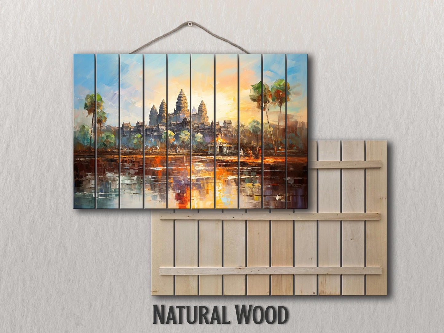 Wood Wall Art – Ancient Khmer Print on Wood | Angkor Wat Painting Decor