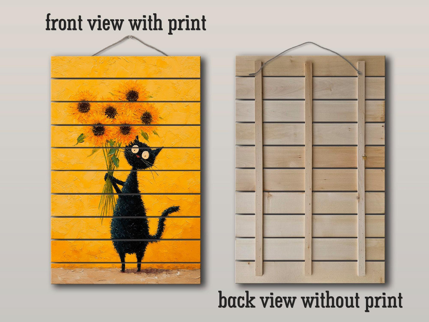 Wood Wall Art – Black Cat Painting with Sunflowers | Minimalist Rustic Decor