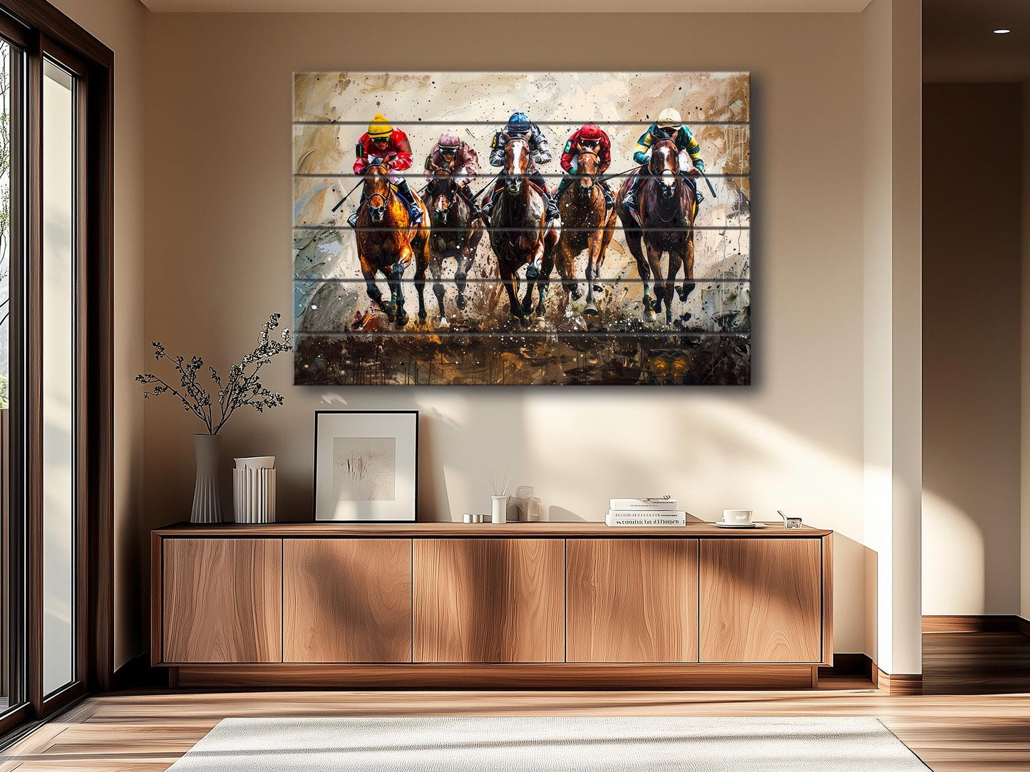 Horse Racing Painting Printed on Wood, Horses Wall Art, Horse Racing Fan Gift, Kentucky Derby Wall Art, Rustic Natural Wood Print