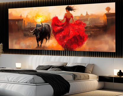 Corrida Painting Canvas – Lady in Red Dress Bullfight Wall Decor, Framed Art