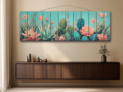 Cacti Garden with Blooming Succulents Print on Natural Wood, Rustic Flowers Painting, Cozy Cabin Wall Decor, Cactus Painting, Wood Wall Art
