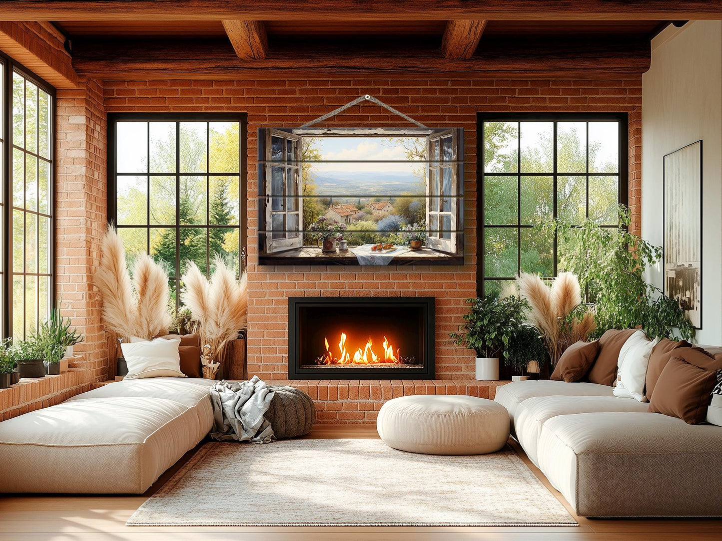 Balkan Landscape Wood Art – Rustic Natural Wood Wall Decor with Window View Painting
