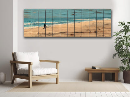 Coastal Wall Art – Wooden Coastal Print of Couple Walking on Beach House Decor