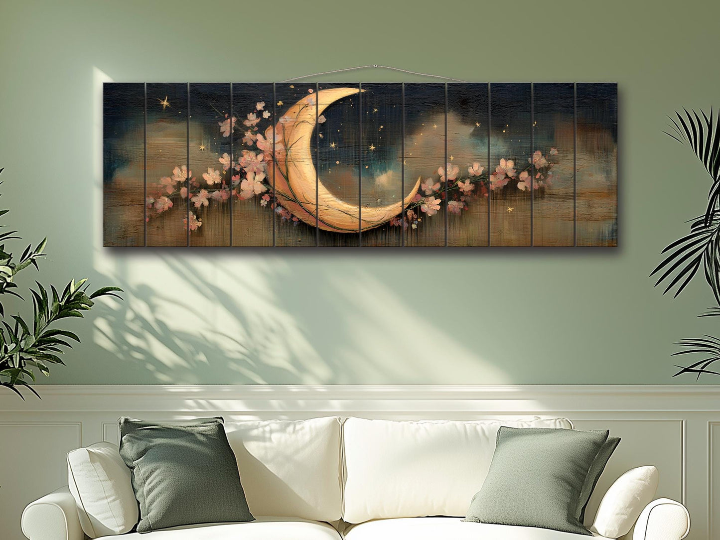 Crescent Moon Wall Art – Rustic Wood Print With Flowers | Boho Nursery Decor