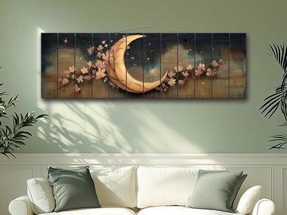 Crescent Moon Wall Art – Rustic Wood Print With Flowers | Boho Nursery Decor