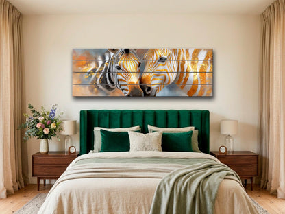 Golden Zebra Couple Print on Wood, Rustic Romantic Wall Decor