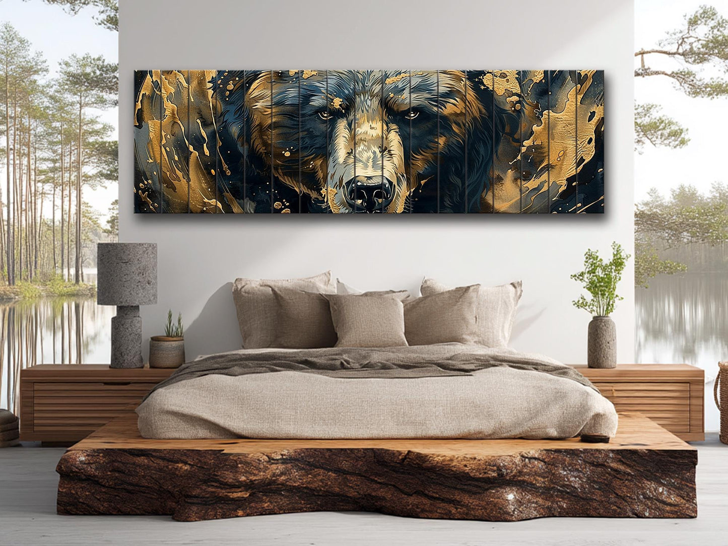 Black Gold Wood Art – Natural Wood Print with Abstract Black and Gold Bears